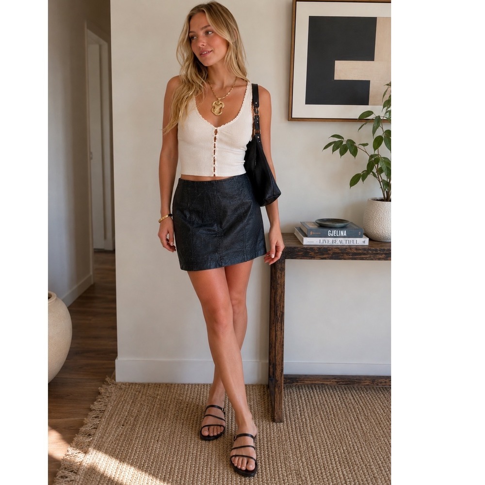 Free People Faux Leather Mini‎ Skirt Women's 4 Black Grunge Coquette Whimsigoth